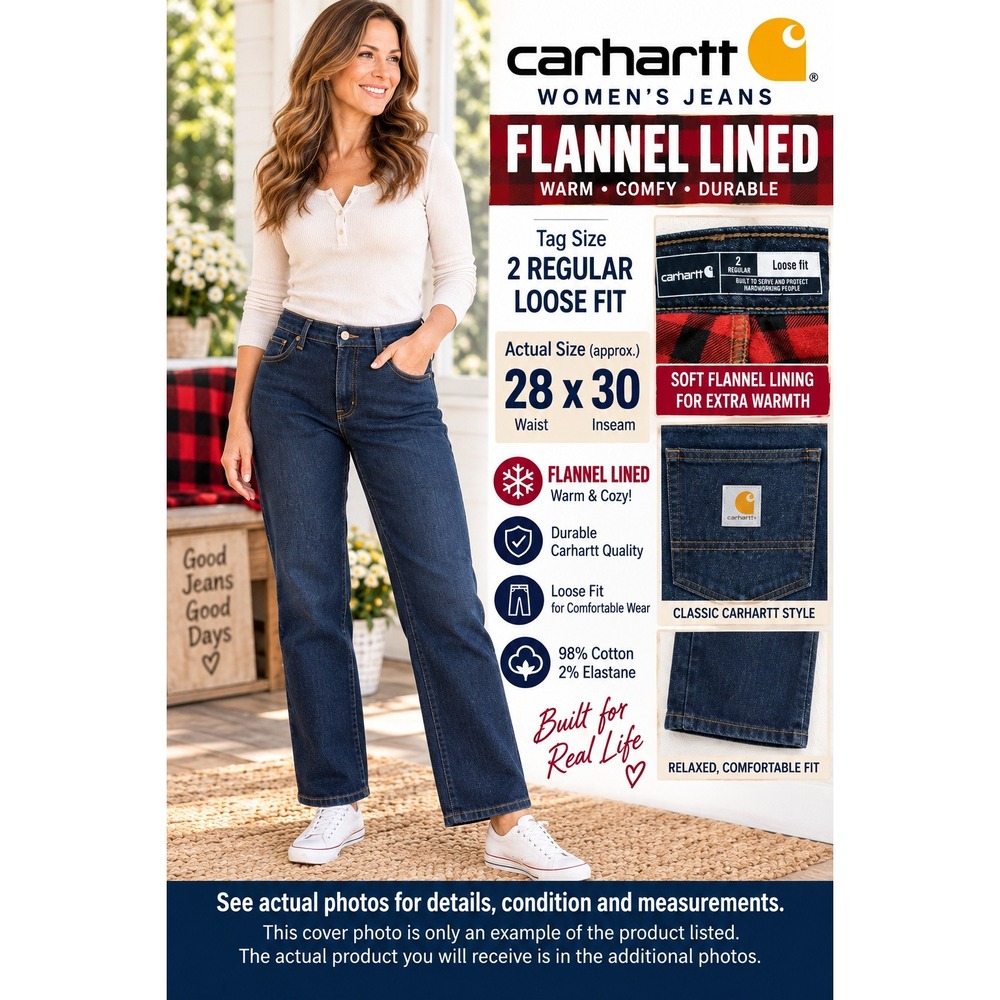 Carhartt 102729 Womens 2 Reg Flannel Lined Loose Fit Jeans Dark Blue 28x30 #1943